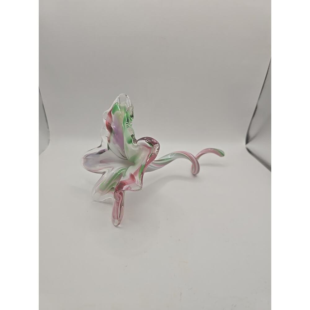 Murano Style Multicolor Swirl Art Glass Petal‎ Flower Curly Stem 9.5in